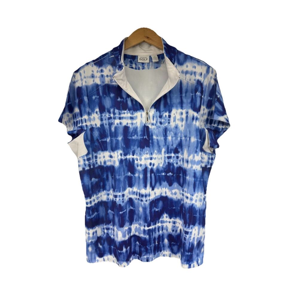 Zenergy Golf by Chico's Blue Tie Dye 1/4 Zip Short Sleeve Top Size 3 Or XL